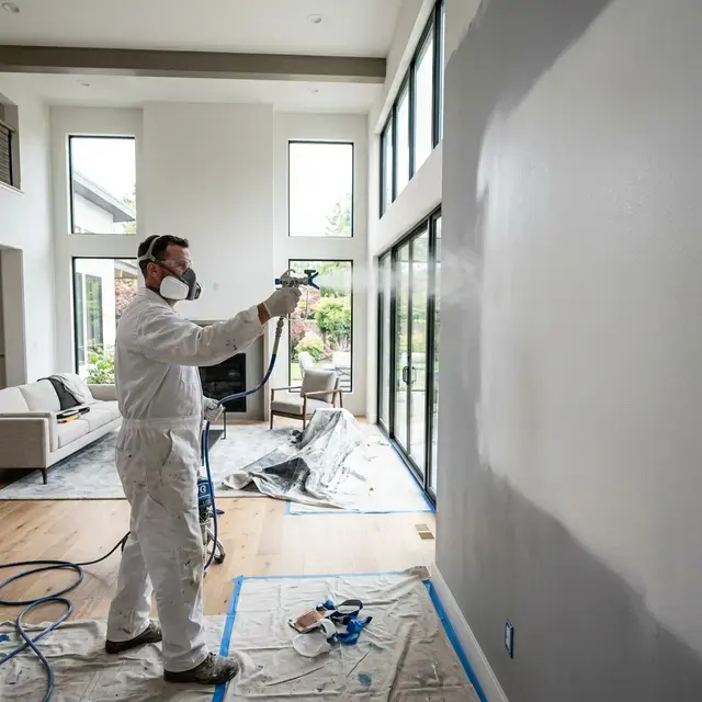 Professioneel airless verfspuiten van een woning — egale strakke muurafwerking